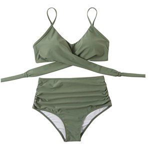 Women Criss Cross High Waisted Army Green Bikini